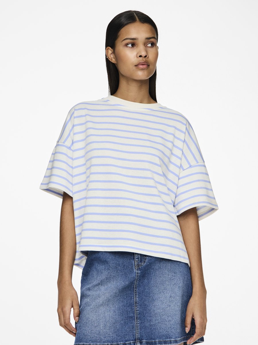Pieces PCCHILI Sweatshirt - Lounge shirt dames - Oversized dames pyjama shirt katoen - Blauw gestreept