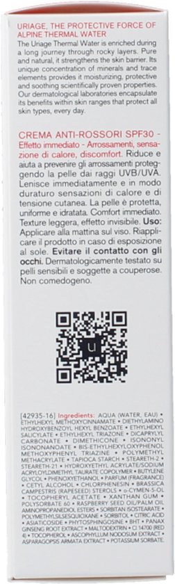 Uriage, de beschermende kracht van thermisch bronwater uit de Alpen. Crème voor roodheid neutraliserende verzorging SPF 30. Tekst van productinformatie.