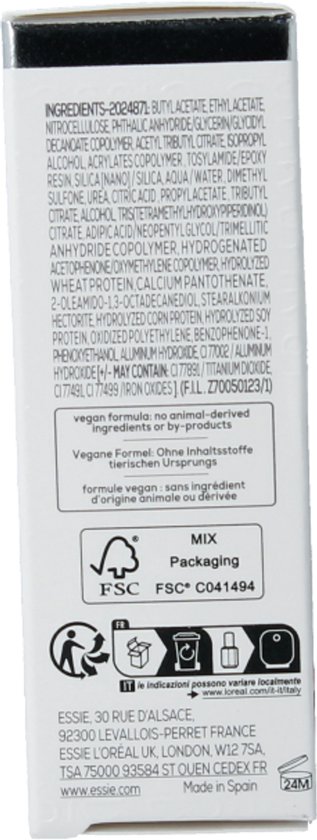 Ingrediëntenlijst en milieu-informatie Essie nagellak. Vegan formule. Gemaakt in Spanje.