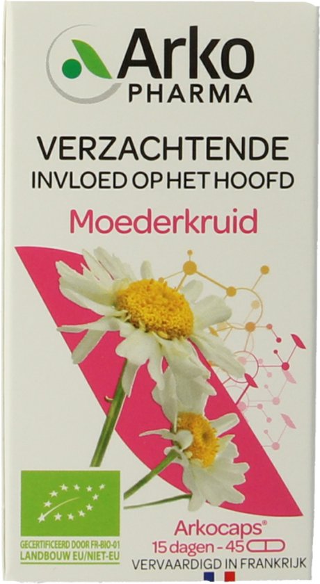 Doosje Arkopharma Moederkruid met bloemenillustratie en bio-keurmerk. Tekst: 'VERZACHTENDE INVLOED OP HET HOOFD'.
