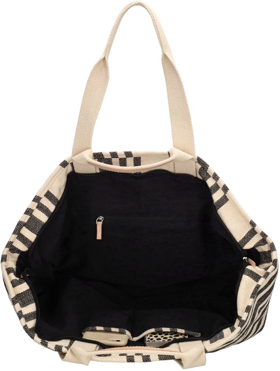 Open beige strandtas met zwart gestreepte binnenkant, ritsvak en extra vakken.