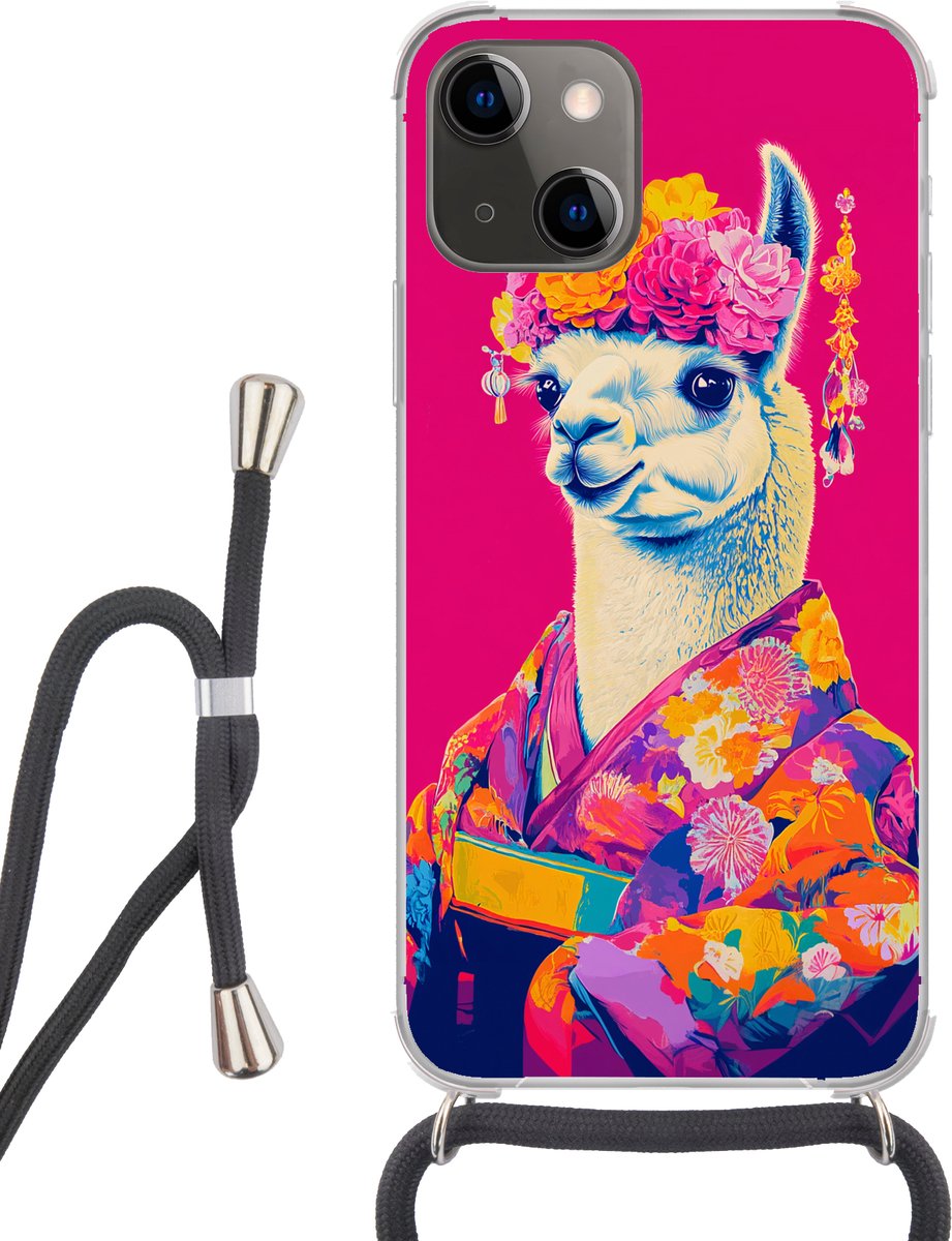 Telefoonhoesje Geschikt voor iPhone 13 Mini - Lama - Kimono - Bloemenkrans - Felroze - Siliconen - Crossbody - Backcover met Koord - Telefoonhoesje met koord - Hoesje met touw Telefoonhoesje