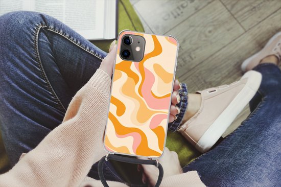 Telefoonhoesje Geschikt voor iPhone 12 Mini - Abstract - Golvend - Oranje - Siliconen - Crossbody - Backcover met Koord - Telefoonhoesje met koord - Hoesje met touw Telefoonhoesje