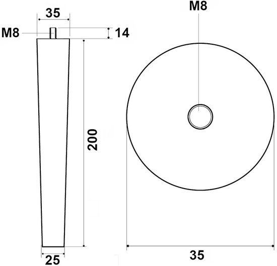 Technische tekening van een taps toelopende meubelpoot met afmetingen in millimeters en schroefdraad M8.