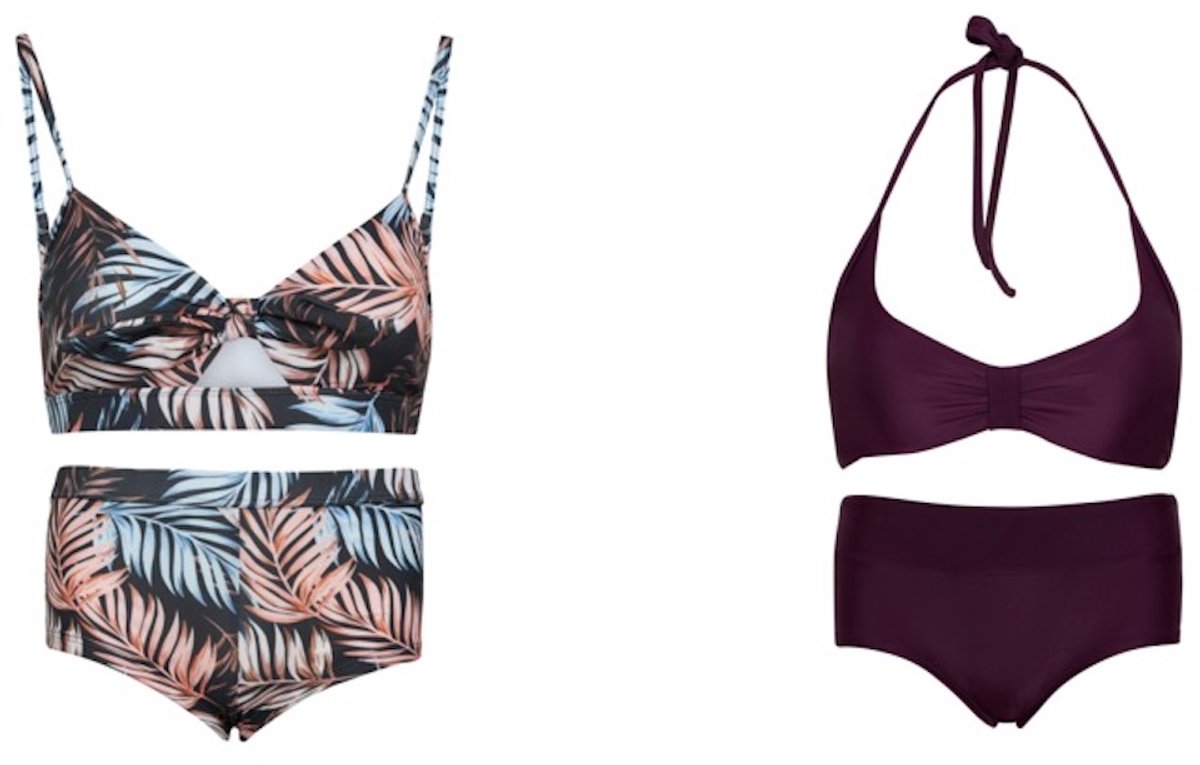 La V Set van 2 bikini hipster broekje en top - Palm leaf/ Aubergine 164-170 Palm leaf / Aubergine