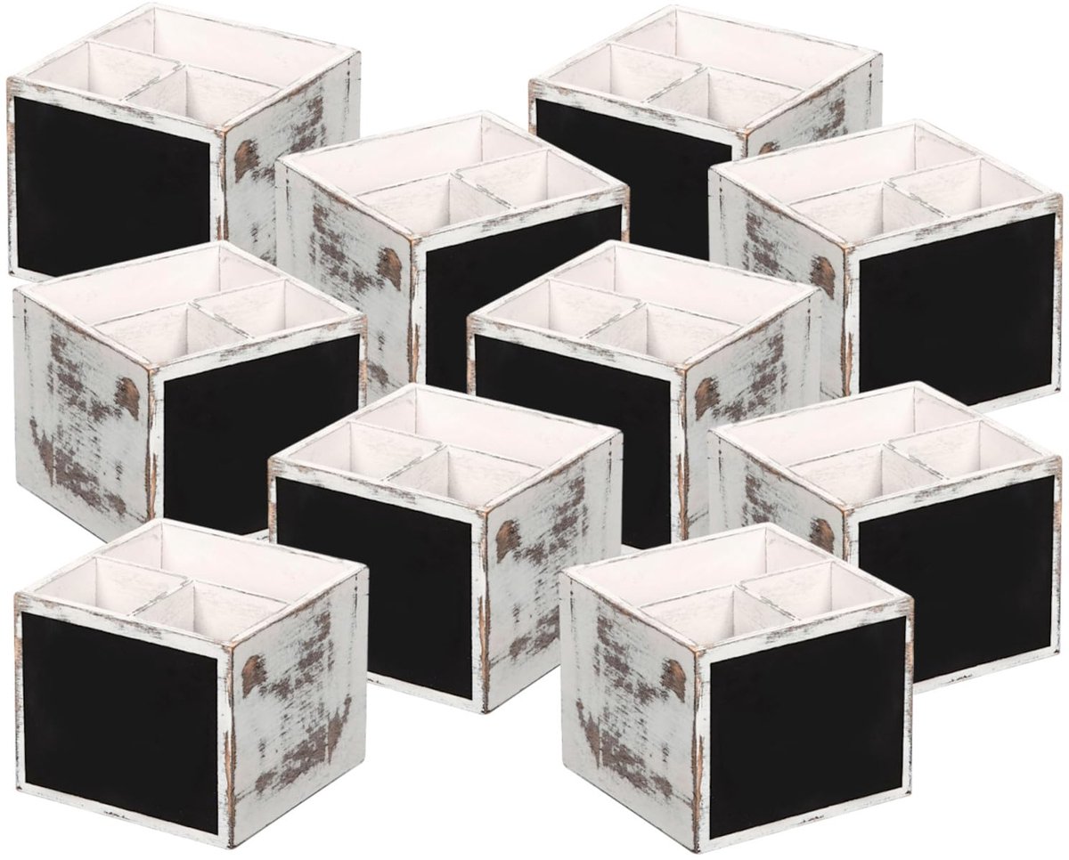 Ibenzoa® Vintage Witte Houten Bestekdoos Set met Krijtbord, Organiseer Gerechten en Servetten, Set van 10 Stuks