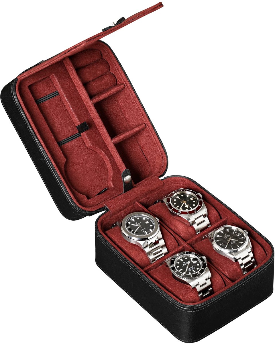 Reiskoffer voor 5 horloges, opbergorganizer | Duurzame, draagbare beschermhoes met rits, geschikt voor alle horloges tot 50 mm (zwart-rood)