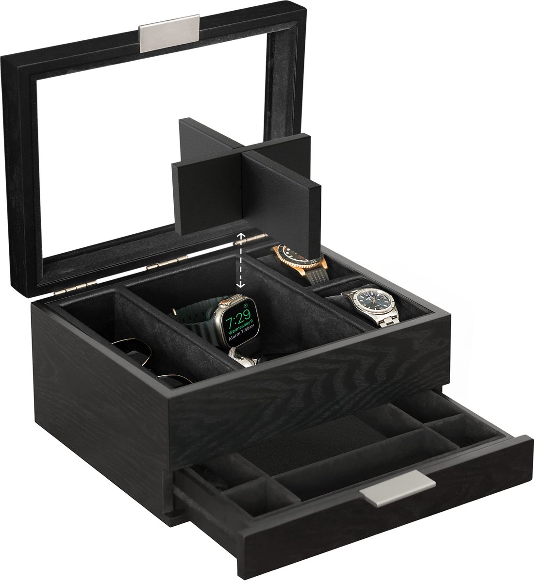 CASE ELEGANCE 8-vaks horlogebox voor heren, zwart, horlogekast, modulaire valet tray, Apple Watch compatibel met Apple Watch standaard