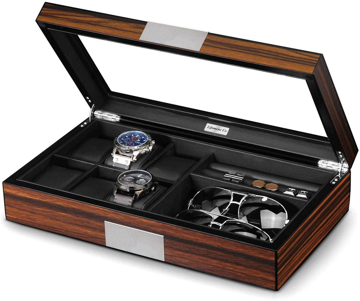 Lifomenz Co Horloge Sieradendoos voor Heren, Horlogedoos met 6 Compartimenten, 6 Horlogekasten, 8 Paar Manchetknopen en Zonnebrillen, Grote Houten Horlogekast Organizer met Echt Glazen Venster