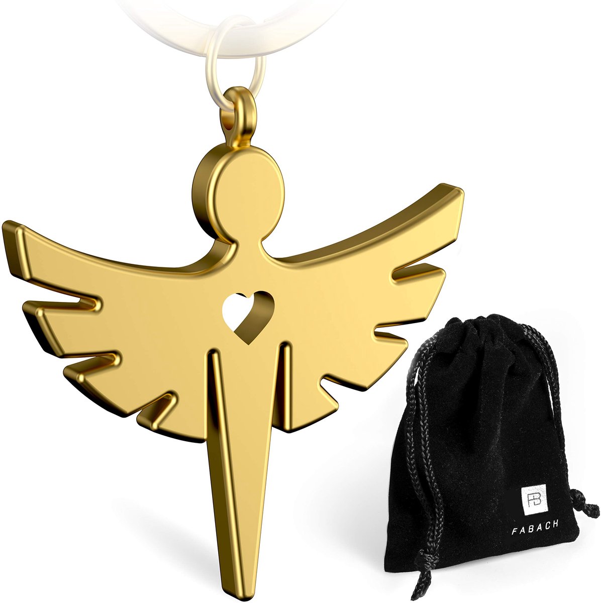 FABACH 2 Beschermengel Fabiel Sleutelhangers met Hart - Edele Engel Hanger van Metaal in Mat Goud - Geluksbrenger Cadeau voor Auto, Rijbewijs - Rijd Voorzichtig