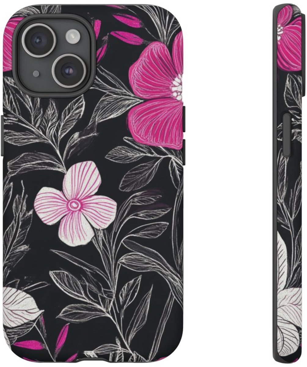 Roze en Witte Bloemenprint – Telefoonhoesje Geschikt voor iPhone 15