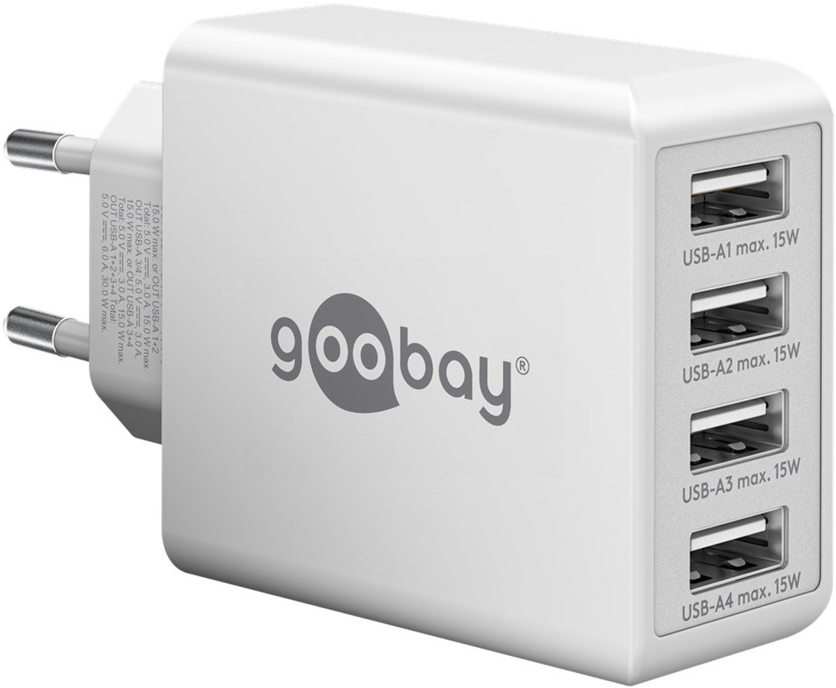 Goobay USB thuislader met 4 poorten - Smart IC - 6A / wit