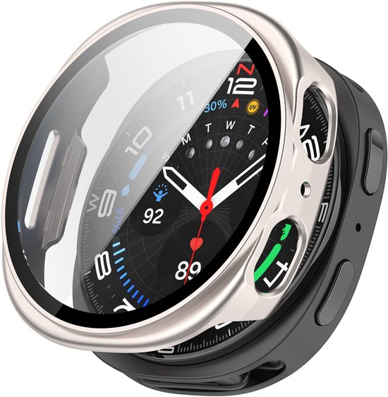Zilverkleurig hoesje met screenprotector over een smartwatch met een wijzerplaat.