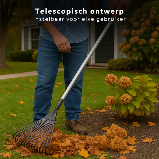 Cheqo® Telescopische Tuinhark – Verstelbare Bladhark met Uitschuifbare Steel – Aluminium & Koolstofstaal – Corrosievrij Tuingereedschap – Lichtgewicht Hark voor Tuin en Gazon – Stevige Telescopische Handgreep — afbeelding 2