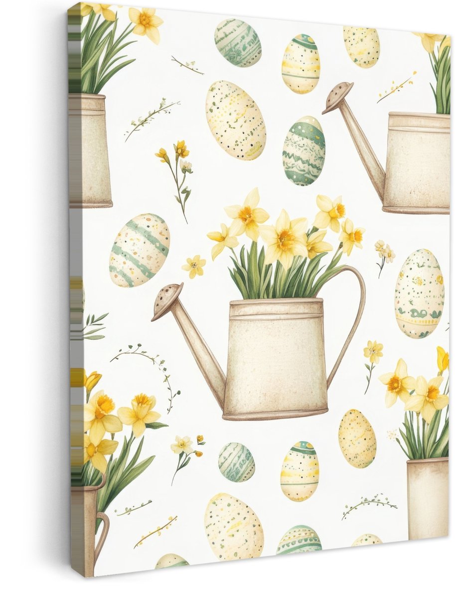 Canvas schilderij 30x40 cm - Exclusieve wanddecoratie Gieter - Bloemen - Eieren - Muurdeco