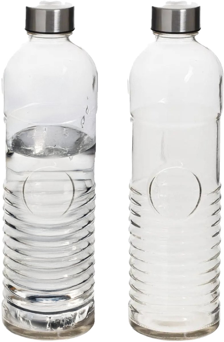 Set van 2x stuks waterflessen/drinkflessen 1 liter van gehard ribbel glas - Glazen drink flessen