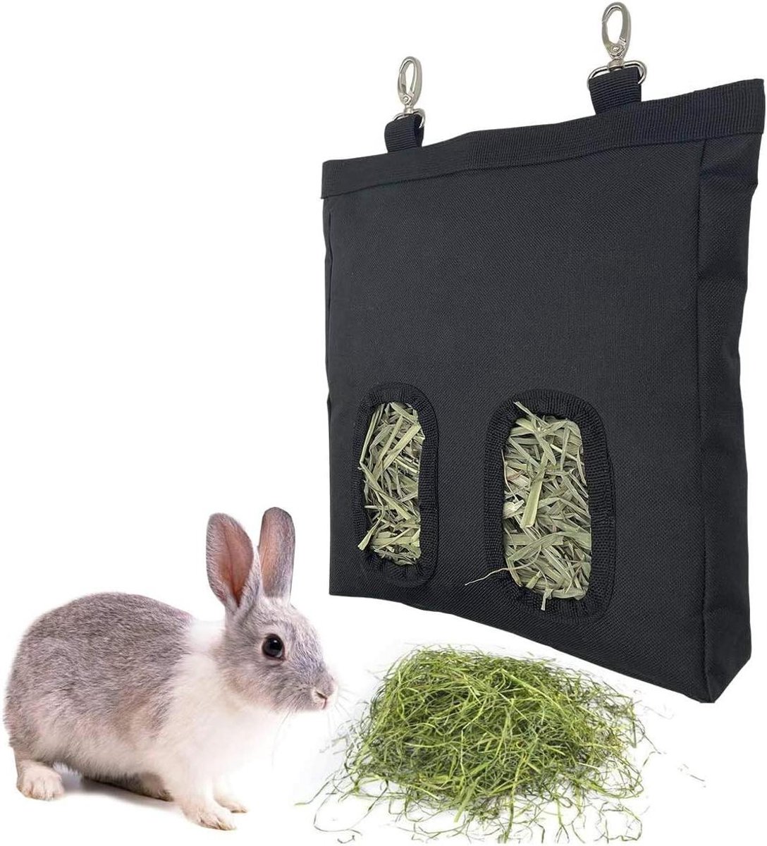 Allecto Plus - Hangende Hooizak voor Konijnen en Cavia's - Opbergtas Hooi - Zwart - Voedertje Hooiops...