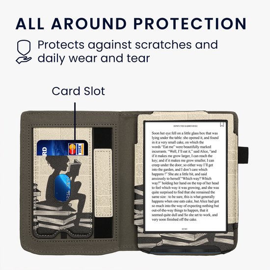kwmobile e-reader hoesje geschikt voor Pocketbook Verse/Verse Lite/Pro/Color/Vivlio Light HD hoes - E reader flip case van kunstleer - Ereader cover met stand - Meisje met boeken design in zwart / beige — afbeelding 4