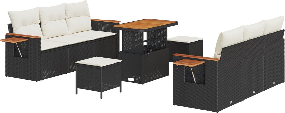vidaXL - Tuinbank - Set - met - kussen - 9 - pcs - Zwart - en - Crème