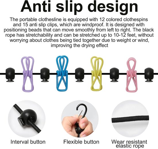 Corde à linge de voyage élastique portable avec 12 pinces à linge