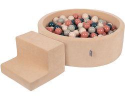 KiddyMoon Speeltuin VELVET PPZP-OK30V-122 met zandbeige ballen: donker turquoise-pastel beige-groen-grijs-zalm 200 zwembad/stapkrukje