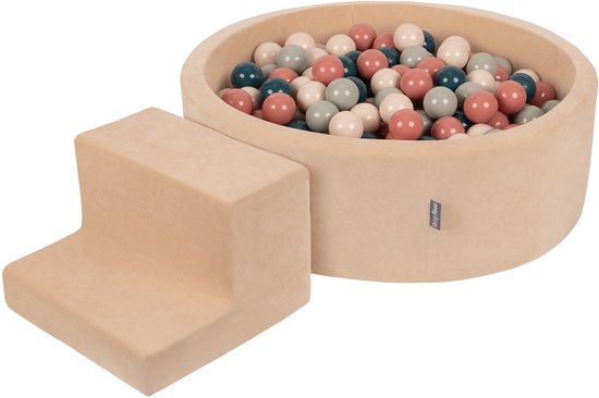 KiddyMoon Speeltuin VELVET PPZP-OK30V-122 met zandbeige ballen: donker turquoise-pastel beige-groen-grijs-zalm 200 zwembad/stapkrukje
