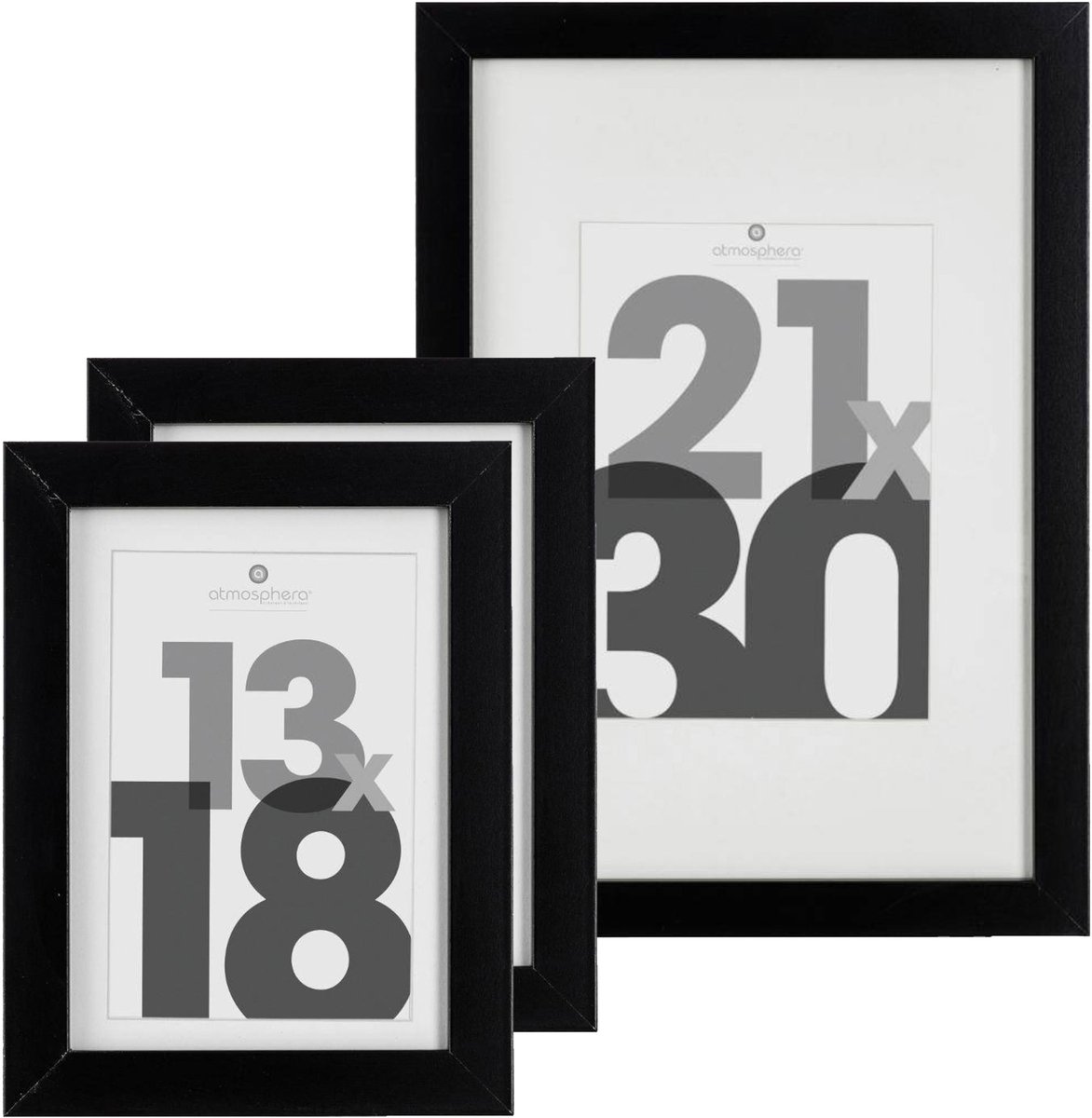 Atmosphera Fotolijstjes set van 3x stuks - 1x voor 21 x 30 cm - 2x voor 13 x 18 cm - zwart - modern/strak ontwerp