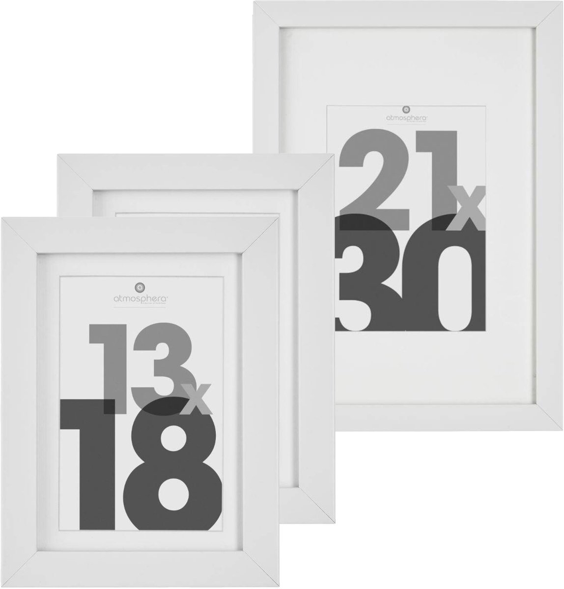 Atmosphera Fotolijstjes set van 3x stuks - 1x voor 21 x 30 cm - 2x voor 13 x 18 cm - wit - modern/strak ontwerp