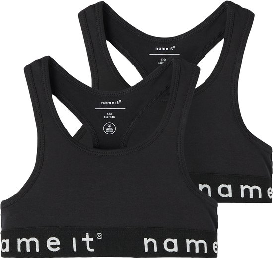 Twee zwarte sporttops met witte 'name it' band.
