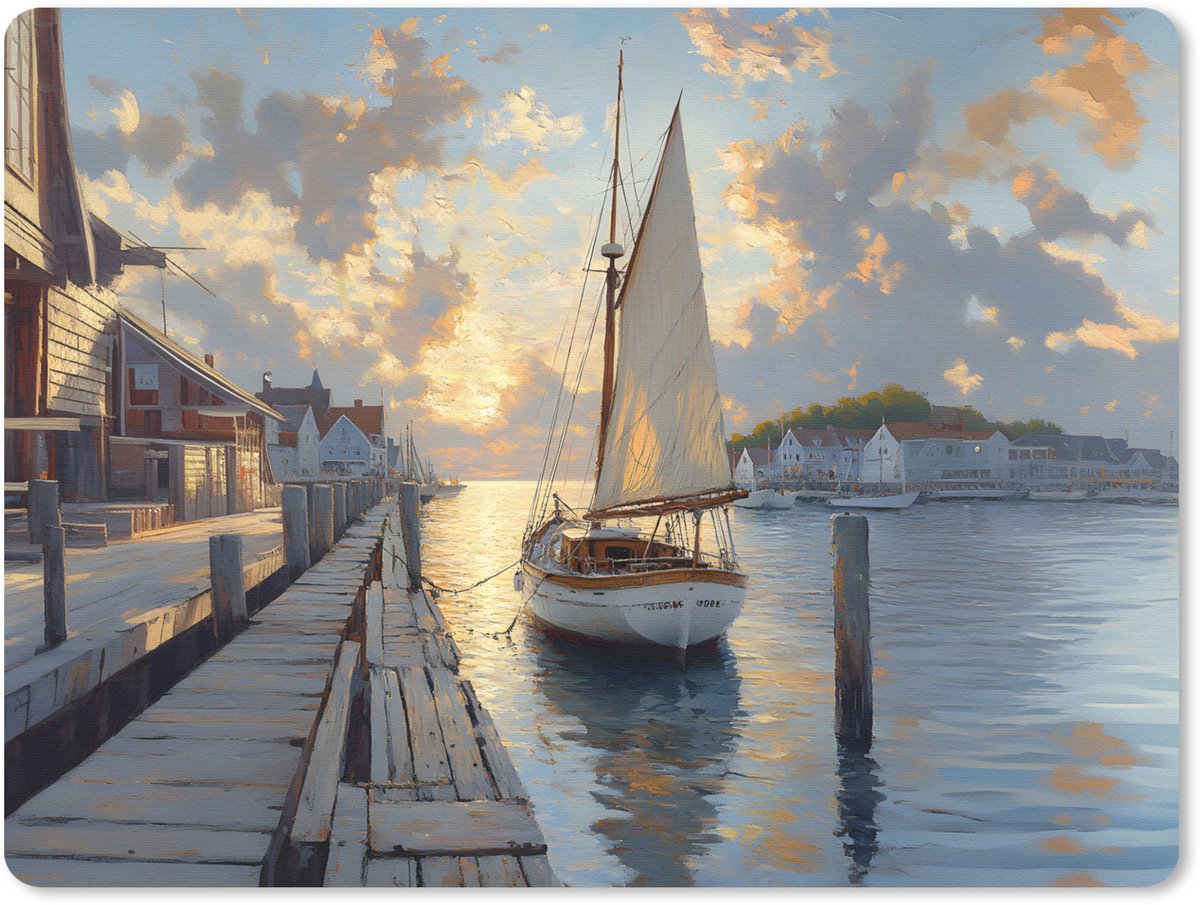 Muismat 23x19 cm - Mousepad Zeilboot - Zon - Pier - Hout - Muismatten