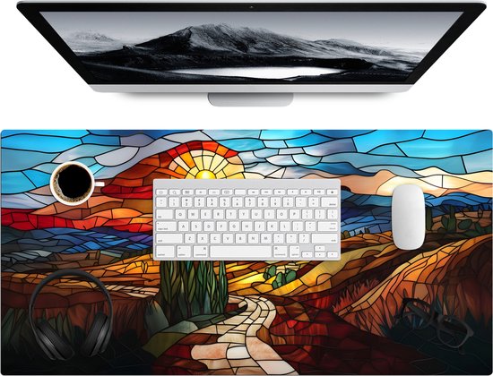 Bureau onderlegger 80x40 cm - Muismat Mozaïek - Zon - Landschap - Dorp - Bureaumat - Mousepad XXL - Bureau mat - Muismatten groot - Desk organizer - Bureaulegger