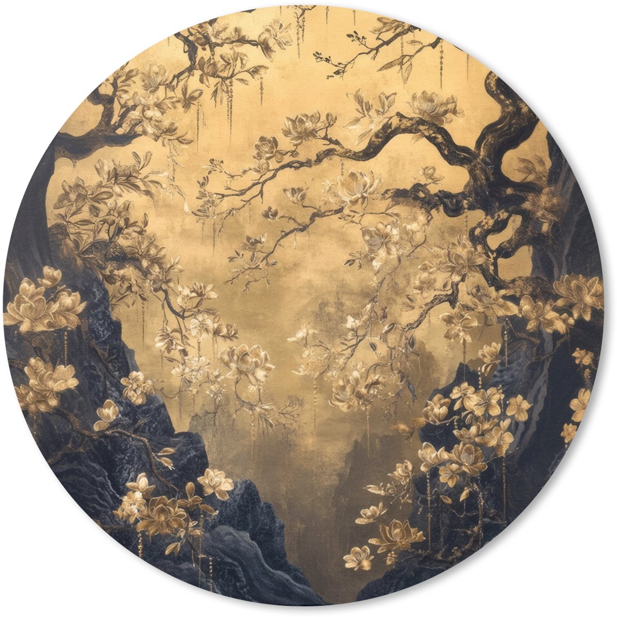 Muismat rond 50x50 cm - Mousepad Bloemen - Takken - Goud - Sierlijk - Ronde muismatten