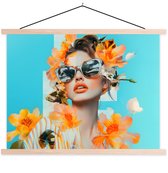 Posterhanger incl. Poster 40x30 cm - Schoolplaat - Bloemen - Vrouw - Zonnebril - Blauw - Textielposter - Blanke latten