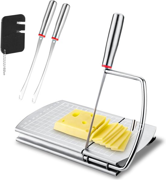 Allecto Plus: Coupe-fromage en acier inoxydable avec fil et aiguiseur - Planche à fromage et coupe-beurre pour fromage et beurre - Comprend 2 fils de rechange