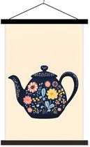 Posterhanger incl. Poster 40x60 cm - Schoolplaat - Theepot - Kleurrijk - Bloemen - Textielposter - Zwarte latten