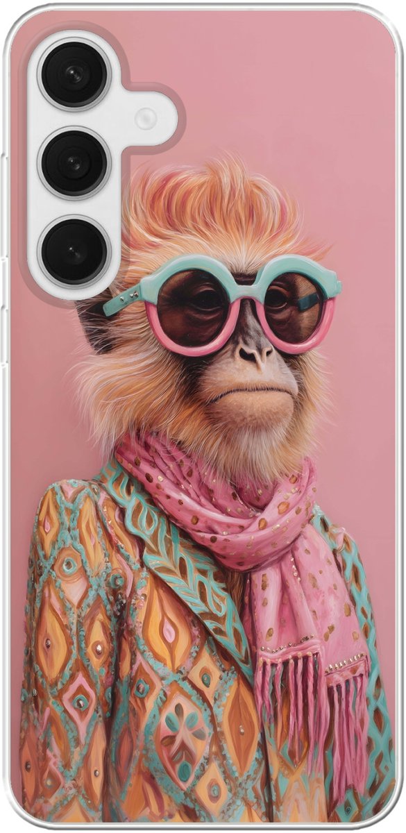 Telefoonhoesje Geschikt voor Samsung Galaxy S25 Plus hoesje - Sjaal - Aap - Zonnebril - Jasje - Siliconen Telefoonhoesje Telefoonhoesje