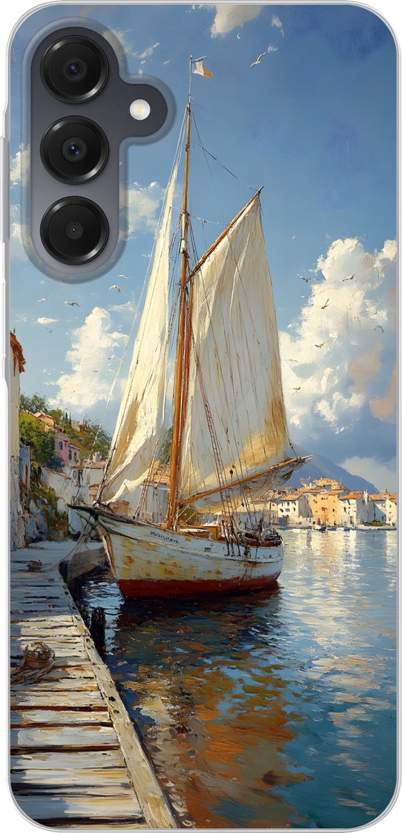Telefoonhoesje Geschikt voor Samsung Galaxy A16 hoesje - Zeilschip - Huizen - Kade - Zee - Siliconen Telefoonhoesje Telefoonhoesje