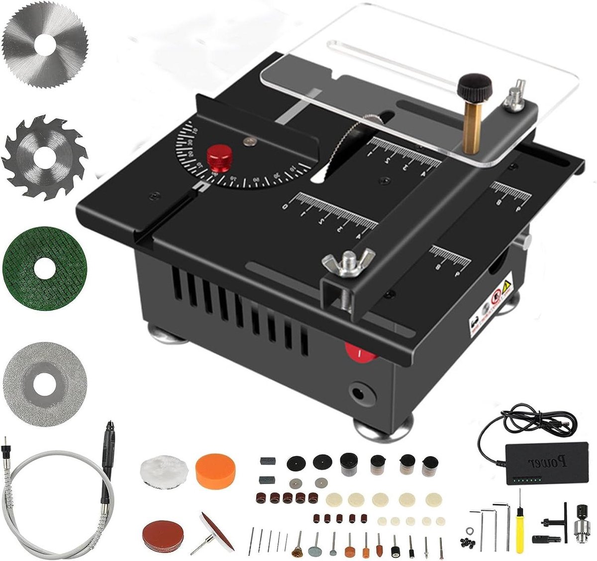 Allecto Plus - Mini tafelcirkelzaag 100 W multifunctioneel voor precisie doe-het-zelf - 4 messen - instelbare snelheden - zaagblad 01-16 mm - handwerk houtbewerking.