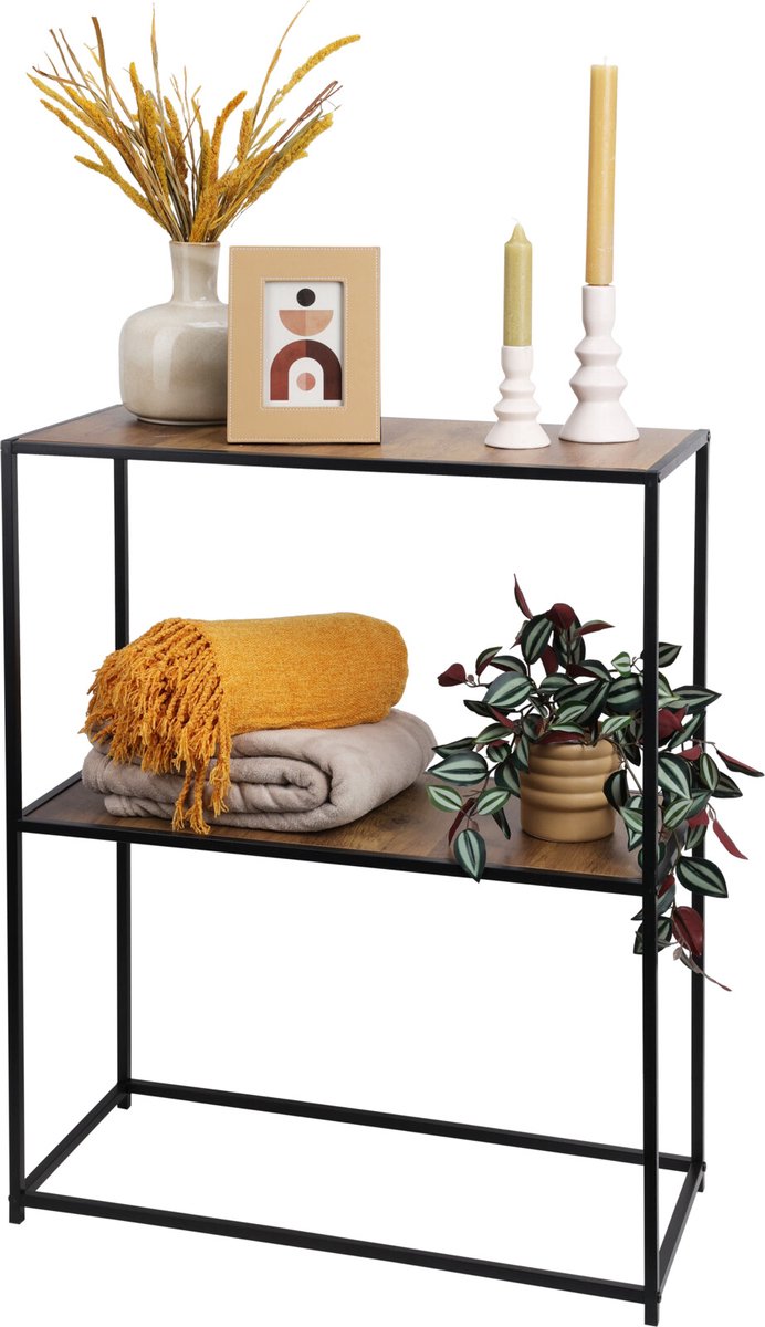 In & Out Deco Wandtafel - Sidetable - Metaal zwart - MDF melamine hout kleur - 70x31x85 cm