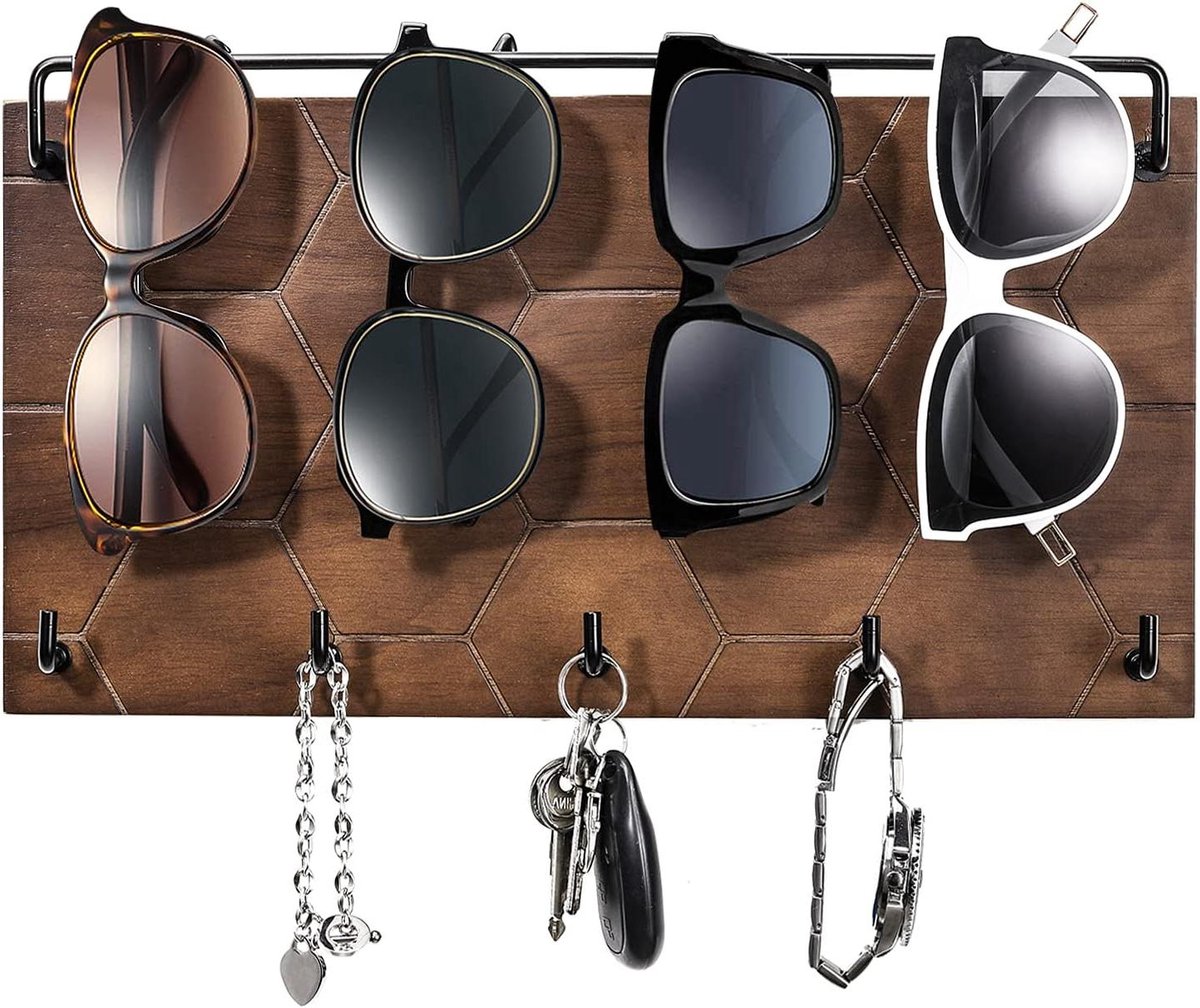 Allecto Plus - Zonnebrilhouder van hout voor aan de muur met 5 metalen haken en opbergstandaard voor sleutels - Wanddecoratie voor gang - Walnootkleurig
