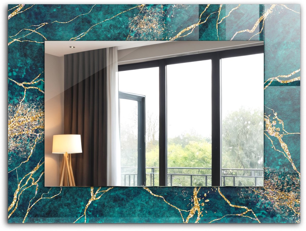 Tulup Spiegel - Veiligheidsglas - Vierkante Spiegel - Groen marmer - 80 x 60 cm - Spiegel met een sierlijk motief - Woonkamerspiegel - Inloopkastspiegel - Make-up Spiegel - Wanddecoratie Spiegel - Montageset