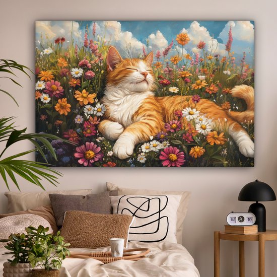 Tableau sur toile 180x120 cm - Décoration murale exclusive Chat - Fleurs - Relax - Décoration murale salon - Décoration chambre - Accessoires chambre - Peintures sur toile