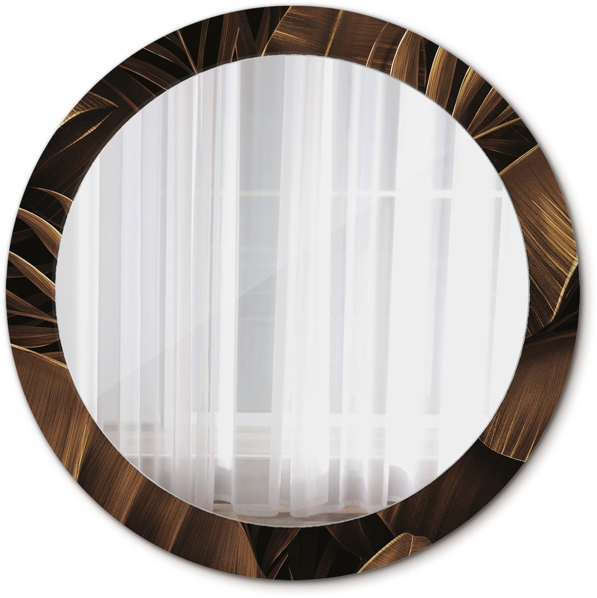 Tulup Spiegel - Spiegel op gehard Glas - Ronde Spiegel - Bruine bananenbladeren - Diameter: 80 cm - Decoratieve spiegel met patroon - Inloopkastspiegel – Badkamerspiegel - Kleedkamer - Bruine - Luxe Spiegel - Elegant Spiegel - Montageset