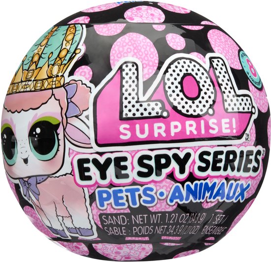 L.O.L. Surprise! Eye Spy Series Pets-bal met roze stippen en illustratie van een schaap met kroon.