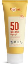 Gele Derma zonnebrandcrème tube met '50 SUN LOTION High SPF' en keurmerken.