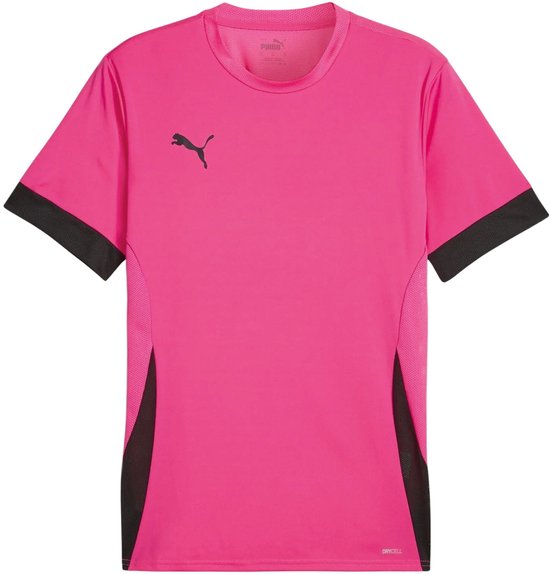 Felroze sportshirt met Puma logo op de borst en zwarte inzetten op de zijkant. Zwarte banden om de mouwen.