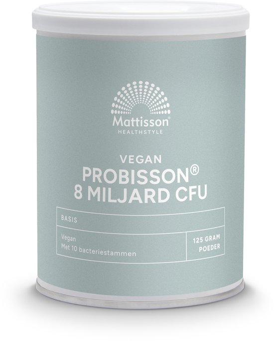 Mattisson Probisson, 8 miljard CFU, vegan poeder in lichtgroene verpakking met witte deksel.