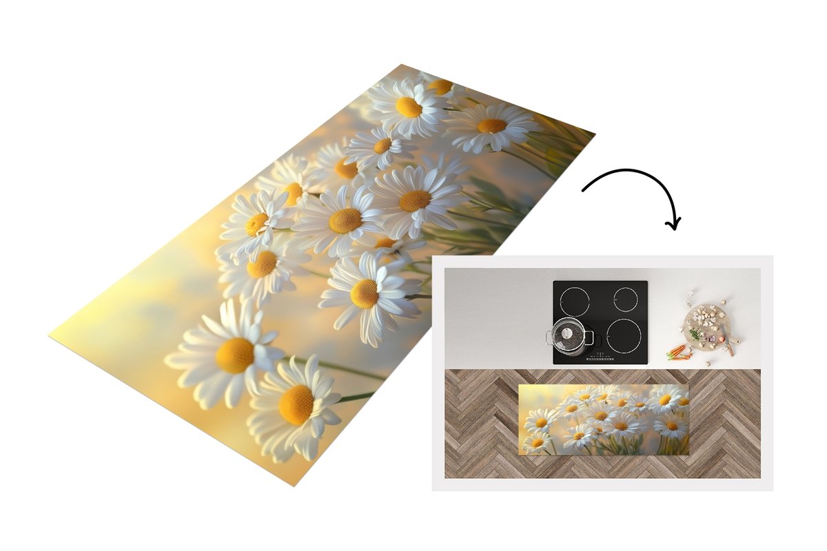 KitchenYeah Keukenloper 120x50 cm - Keukenmat vinyl Madeliefjes - Wit - Zonlicht - Keukenmatten loper - Keuken vloerkleed tapijt