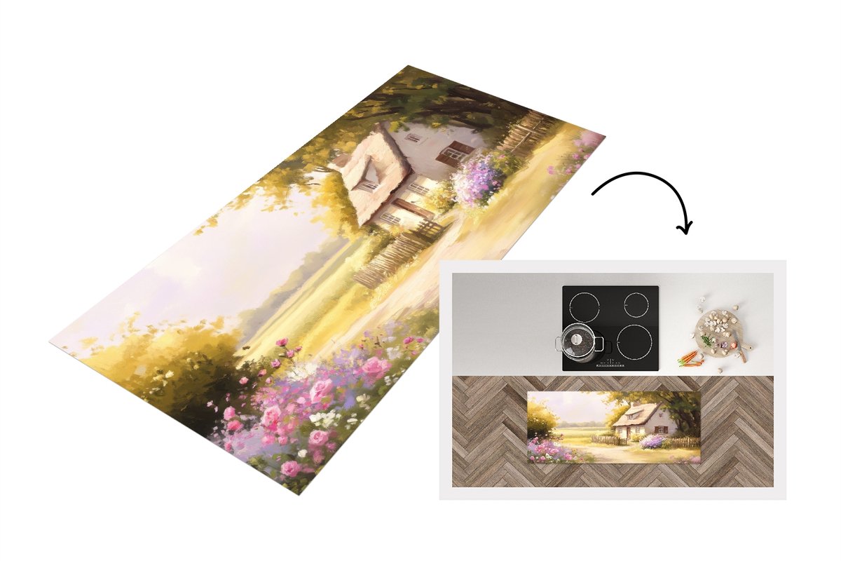 KitchenYeah Keukenloper 120x50 cm - Keukenmat vinyl Huisje - Hout - Bloemen - Keukenmatten loper - Keuken vloerkleed tapijt Landschap - Huisje