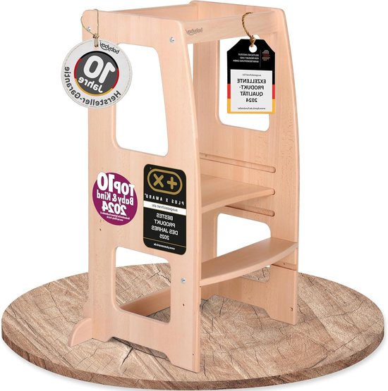 babybay Littlefoot Leertoren, maximale kantelveiligheid door massief beukenhout, bevordering van de motoriek, drievoudig in hoogte verstelbaar, ergonomische instap, uitsparing voor keukengrepen, wit